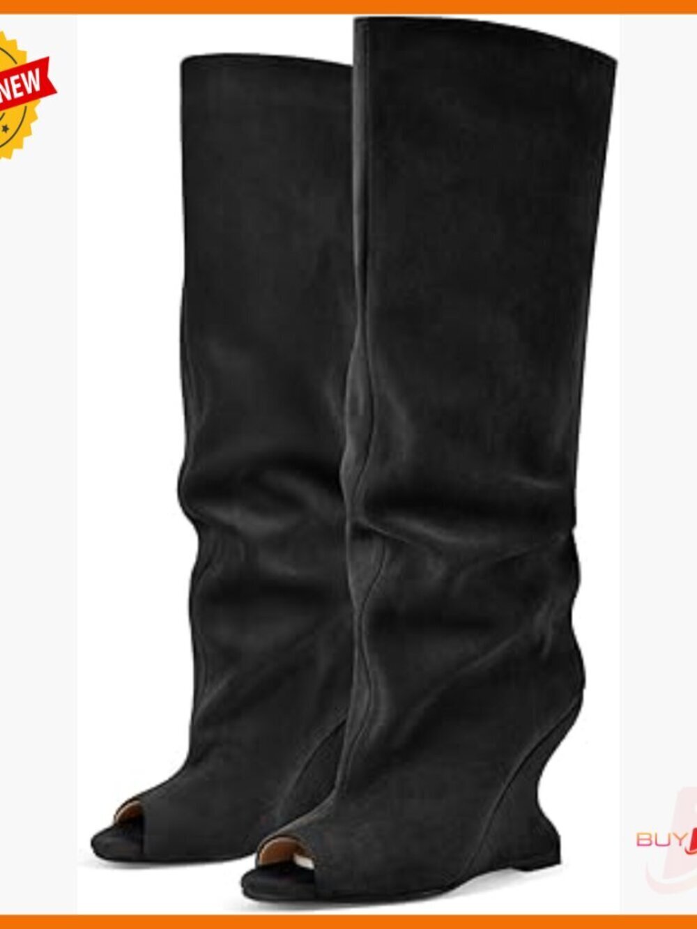 Knee High Wedge Sandal Boots Peep Toe Slouchy Pull On Heels